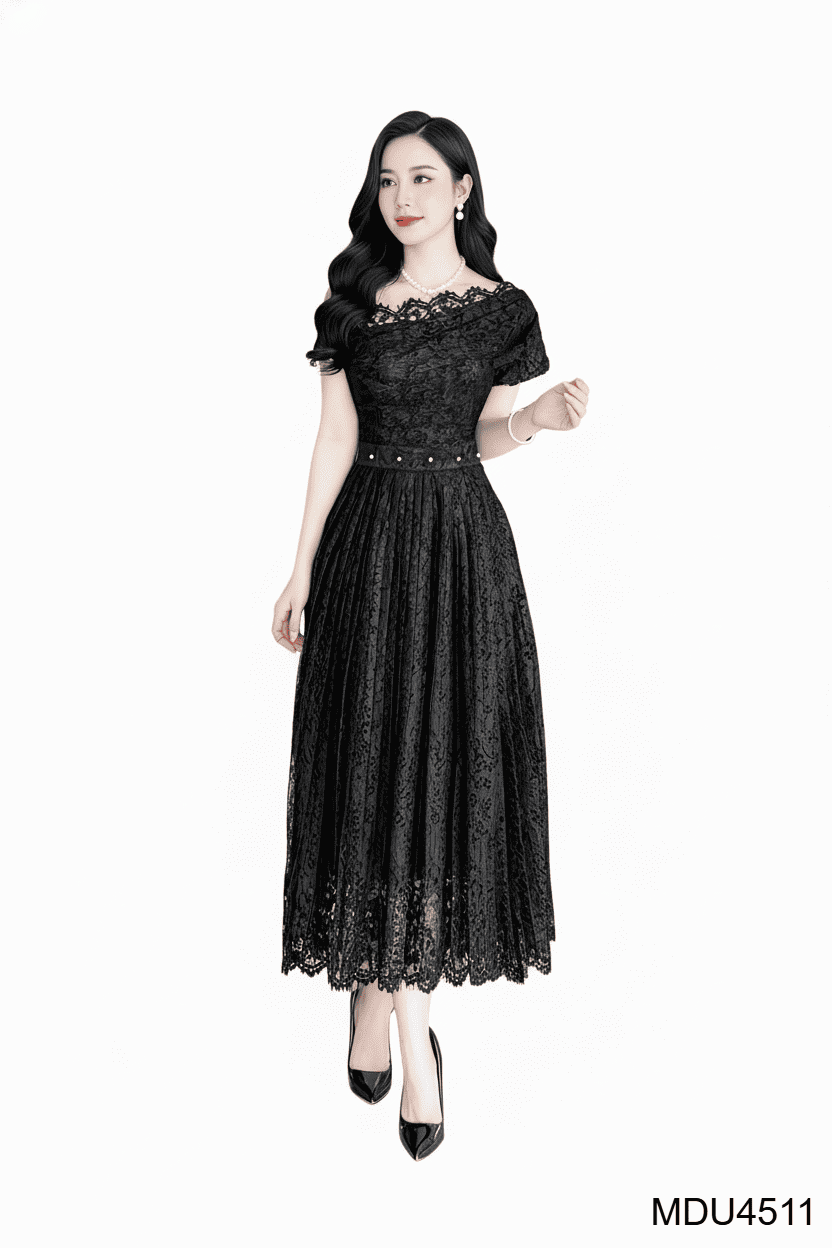 NOIR PEARL ALLURE – OFF-SHOULDER LACE IN ETHEREAL BLACK | MDU4511