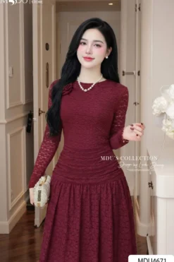 Alternative view of PREMIUM BURGUNDY LACE FLARE DRESS | MDU4671