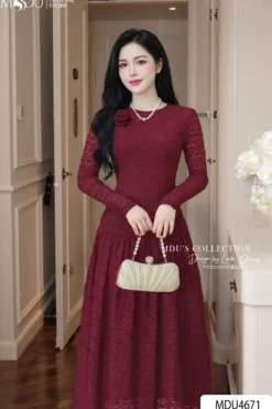 PREMIUM BURGUNDY LACE FLARE DRESS | MDU4671