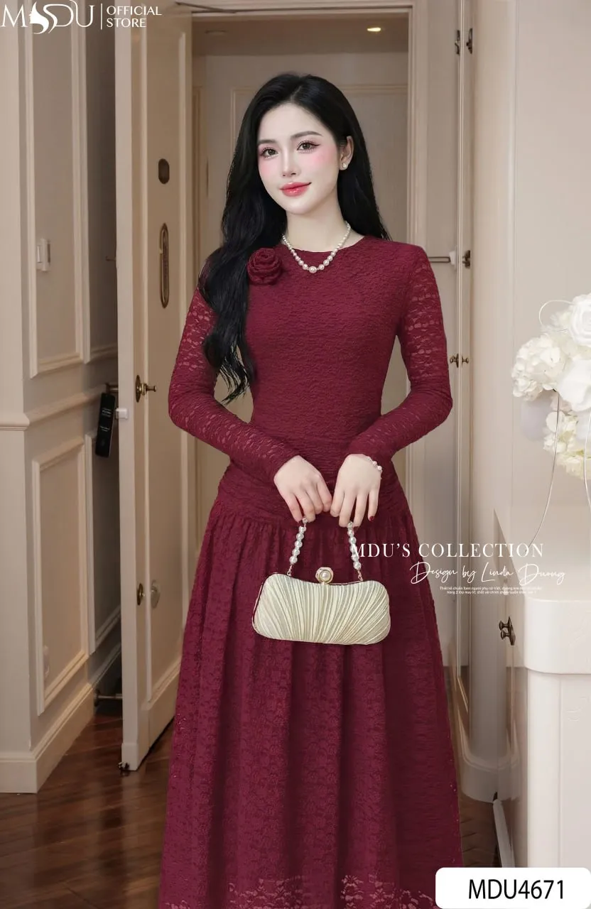 PREMIUM BURGUNDY LACE FLARE DRESS | MDU4671