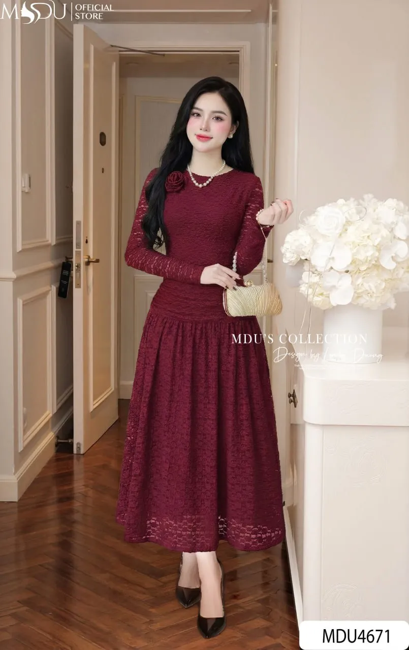 PREMIUM BURGUNDY LACE FLARE DRESS | MDU4671 - Image 4