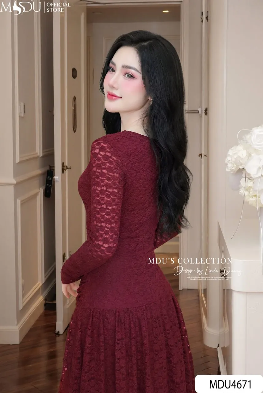 PREMIUM BURGUNDY LACE FLARE DRESS | MDU4671 - Image 5