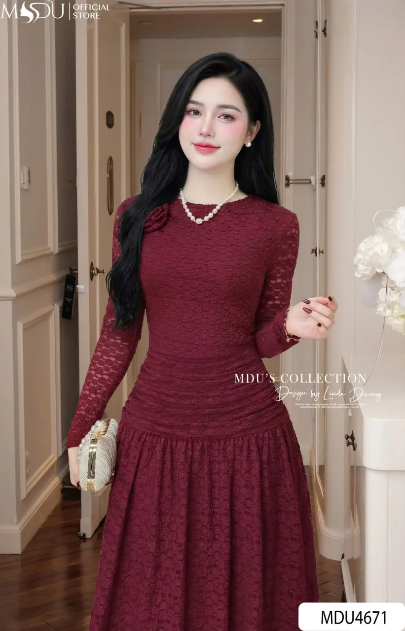 PREMIUM BURGUNDY LACE FLARE DRESS | MDU4671 - Image 2