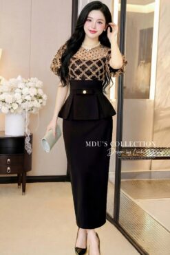 NOIR LATTICE PEPLUM GOWN – SOPHISTICATED GRACE | MDU5262