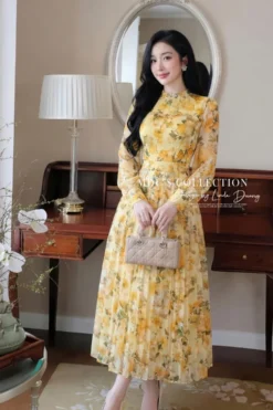 VINTAGE GOLDEN FLORAL MAXI – PREMIUM KOREAN SILK | MDU4554
