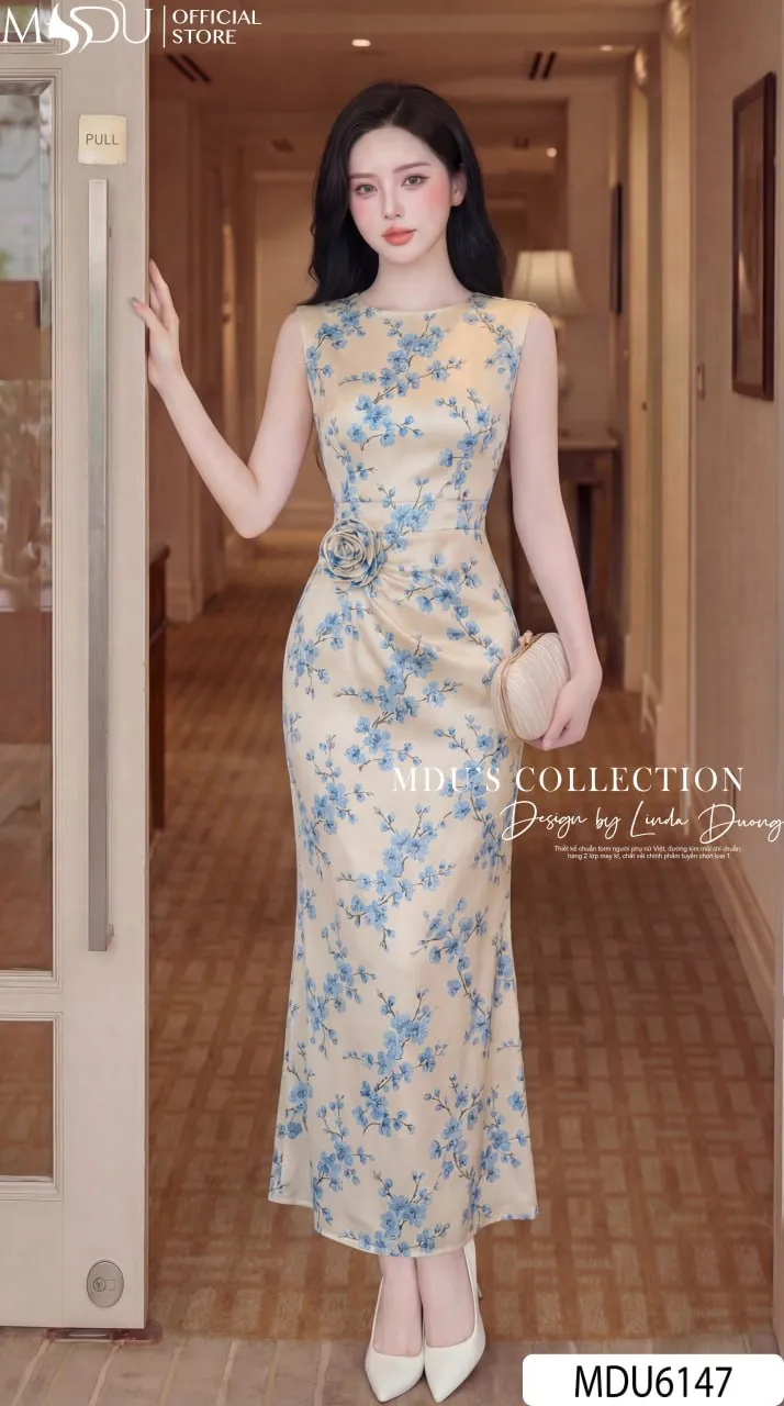 AZURE BLOSSOM FISHTAIL MIDI – PREMIUM SATIN SILK | MDU6147 - Image 3