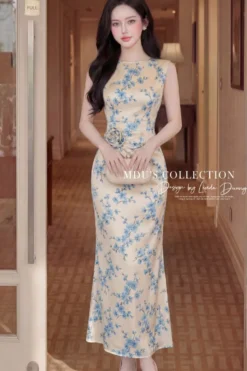 AZURE BLOSSOM FISHTAIL MIDI – PREMIUM SATIN SILK | MDU6147