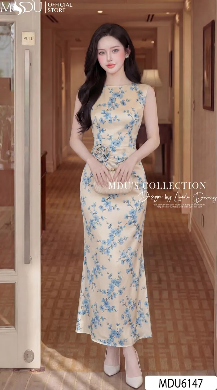 AZURE BLOSSOM FISHTAIL MIDI – PREMIUM SATIN SILK | MDU6147