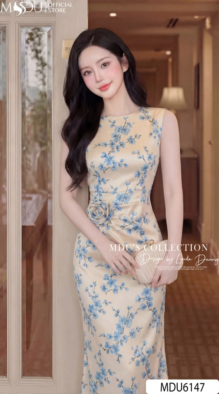 AZURE BLOSSOM FISHTAIL MIDI – PREMIUM SATIN SILK | MDU6147 - Image 2