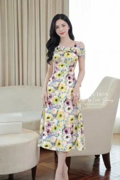 ELEGANT FLORAL OFF-SHOULDER MIDI – PREMIUM TƠ HÀN | MDU4172